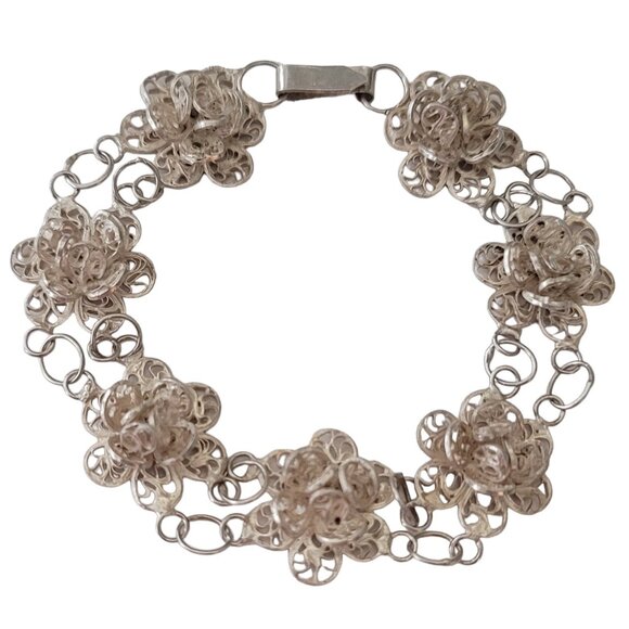800 Spun Silver Flower Link Chain Bracelet, 8" Long E686 - Picture 1 of 8